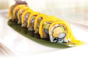 Mr Mango Special Fusion Roll · Crab meat, tempura flakes and avocado, topped with sweet mango and mango sauce.