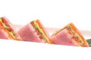 Sushi Sandwich Special Fusion Roll · Spicy tuna, avocado, tempura flakes, masago and soy paper.