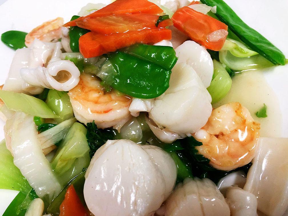 Seafood Delight · Sea scallops, shrimp, squid and Chinese vegetables.