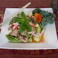 Y1. Spicy Meat Salad · Grilled meat with shallots, lemongrass, fresh lettuce, tomatoes, cucumbers, green onion, cil...