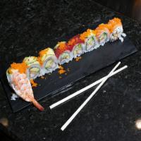 Rainbow Roll · California roll, topped with tuna, yellowtail, salmon, ebi and masago.