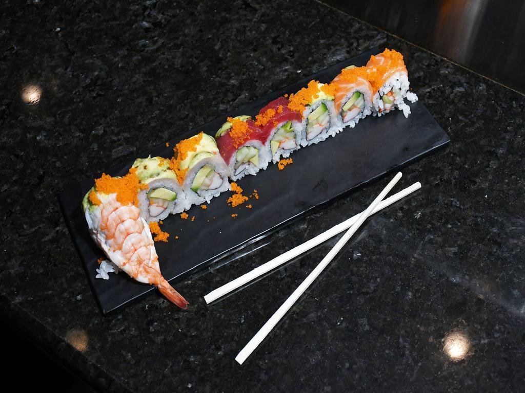 Rainbow Roll · California roll, topped with tuna, yellowtail, salmon, ebi and masago.
