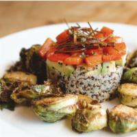Red Pepper Timbale. · Roasted Garlic Basil Quinoa, Diced Avocado, Red Bell Pepper, Blackened Brussels w/ Crispy Le...