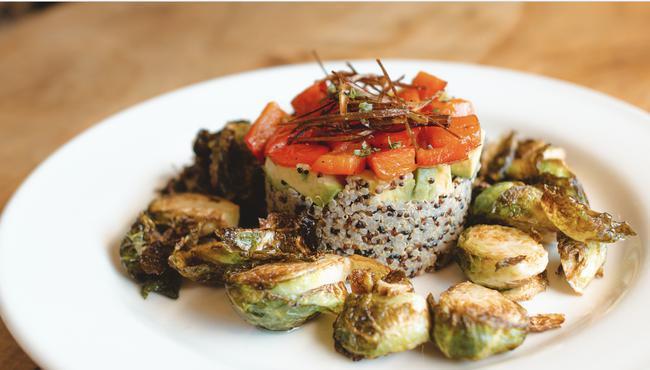 Red Pepper Timbale. · Roasted Garlic Basil Quinoa, Diced Avocado, Red Bell Pepper, Blackened Brussels w/ Crispy Leeks