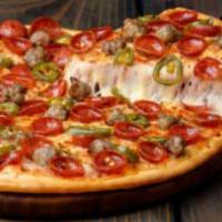 Fireworks Pizza · Signature red tomato sauce on our Tuscany crust, topped with mozzarella cheese, cup and cris...