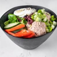 Tuna Salad · Homemade tuna salad, mixed greens, tomatoes, cucumbers, black olives, hard boiled eggs.