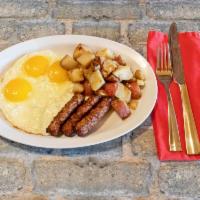 BREAKFAST MEAL (served until noon) · 3 Egg any style, 
3 Bacon or Sausage Links,
Grits or Potatoes,
1 Waffle