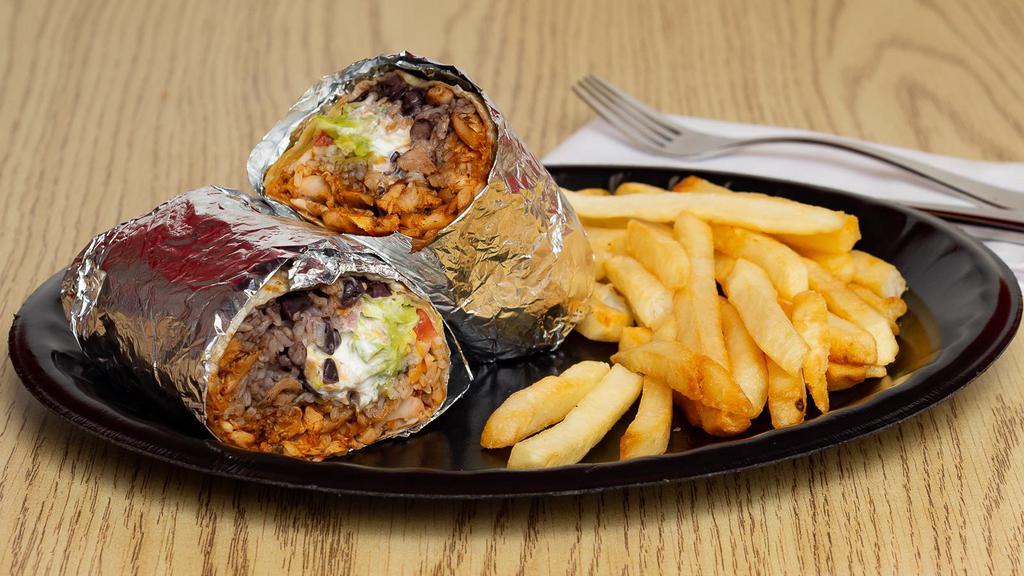 Chicken Burrito · Served with rice, black beans, lettuce, guacamole, pico de gallo, cheese and sour cream served with a side of fries.