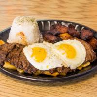 Bistek a lo Pobre · Marinated steak topped with an over easy egg served with fries, plantain and rice.