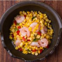 Sweet Corn Shrimp 玉米虾仁 · Sweet corn kernels sauteed with shrimp, red bell pepper bits, and peas in white sauce.