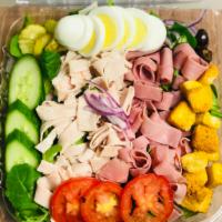 Chef Salad  · Chopped ham and turkey, shredded cheese, lettuce, tomatoes, onions, olives, cucumbers, hard ...