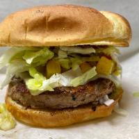 Hawaiian Burger · Patty, 2 slices of bacon, pepper jack cheese, pineapple, teriyaki sauce, lettuce, tomato, on...