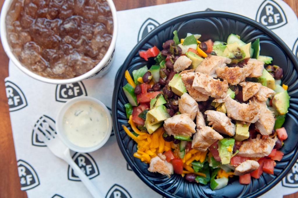 Tex Mex Salad · Fresh, all natural, antibiotic-free chicken. Buttermilk fried, grilled, or vegan. Cheddar cheese, avocado, cucumber, lettuce, tomato, and black bean salsa.