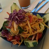 Spicy Mango Salad · Shallots, tomatoes, bell peppers, red cabbage and mint in a spicy chili lime juice.