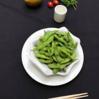 Edamame · Boiled soybeans topped with sea salt.