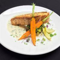 Salmon Filet · Grilled Norwegian salmon filet with lemon-caper creamy sauce.  Served with sautéed asparagus...