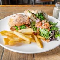 Grilled Sweet Italian Sausage and Broccoli Rabe Panini · Freshly baked brickoven bread Served with fries and mesclun salad
