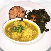 Curried Chicken · Served with jasmine rice, sautéed cabbage and sweet plantains.