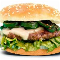 Spanish Beef Burger · 1/3 lb patty, habanero aioli, grilled jalapeno, leaf lettuce and pepper jack cheese.
