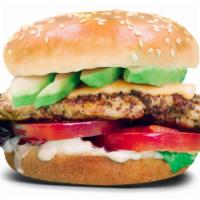 Grilled Chicken Burger · 1/4 lb chicken, chipotle aioli, mixed greens, roma tomato, avocado, and swiss cheese.
