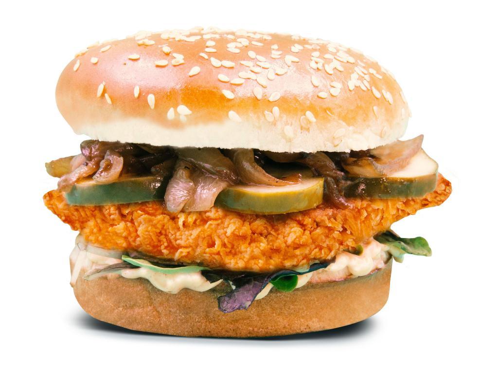 Crispy Chicken Burger · 1/4 lb chicken, sauce, sauteed onions, mixed greens, pickles, and buffalo sauce.
