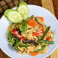 Basil Fried Rice · Chicken, fresh basil leaves, bell peppers, onions, and green beans [spicy, gluten free]