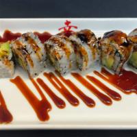 Spider Roll · 8 pieces tempura fried soft shell crab, avocado, cucumber inside with eel sauce on top