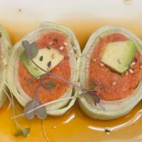 Spicy Tuna Naruto Style · Spicy Tuna and Avocado wrapped in English cucumber with ponzu based sauce.  These items may ...
