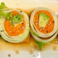 Spicy Salmon Naruto Style · Spicy Salmon and Avocado wrapped in English cucumber with ponzu based sauce.  These items ma...