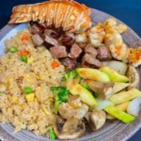 Hibachi Lobster Tail and Steak · Hibachi Style Lobster Tail and Steak with wok sauteed vegetables and fried rice.  Served wit...