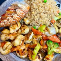 Hibachi Lobster Tail and Shrimp · Hibachi Style Lobster Tail and Shrimp with wok sauteed vegetables and fried rice.  Served wi...
