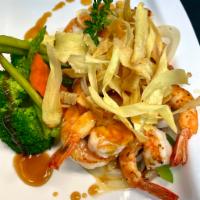 Teriyaki Shrimp · Served with teriyaki sauce and steamed vegetables.  Choice of rice, served with miso soup an...