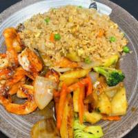 GF Kid's Hibachi Shrimp · Hibachi style shrimp and vegetables with fried rice.