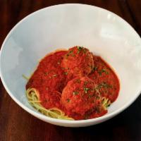 Spaghetti with Meatballs · Spaghetti served with 2 large meatballs and a rich tomato sauce.