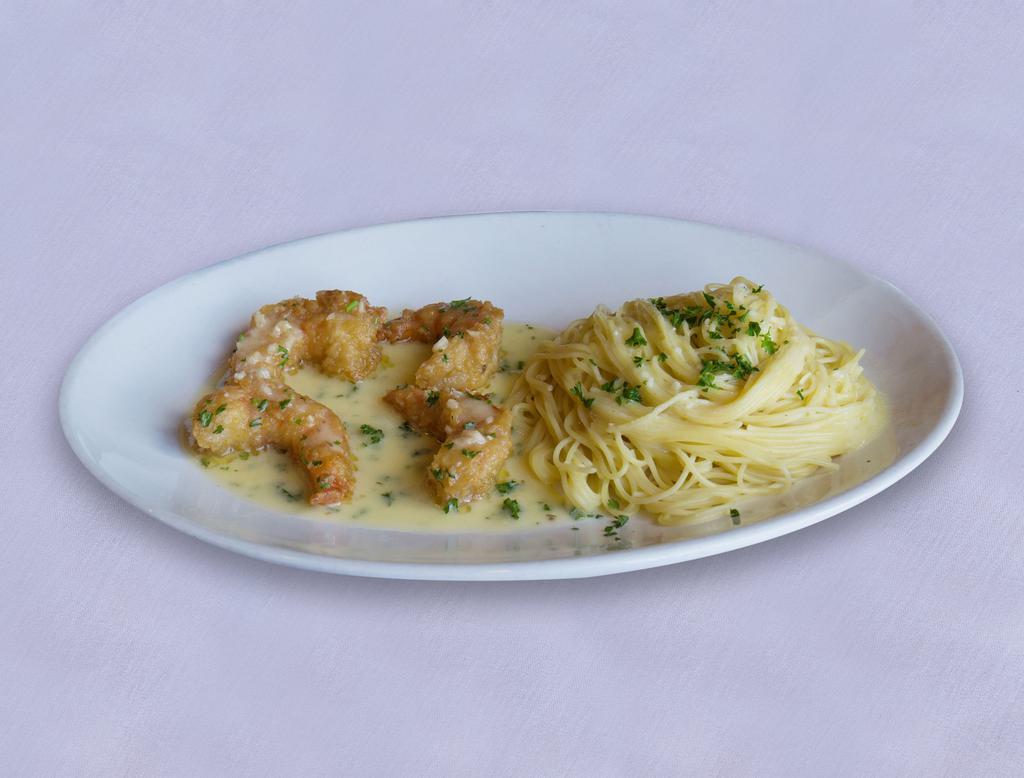 Shrimp Milano Lunch · Lightly breaded and grilled in garlic lemon butter sauce. Served with a side of angel hair pasta topped with butter garlic sauce.