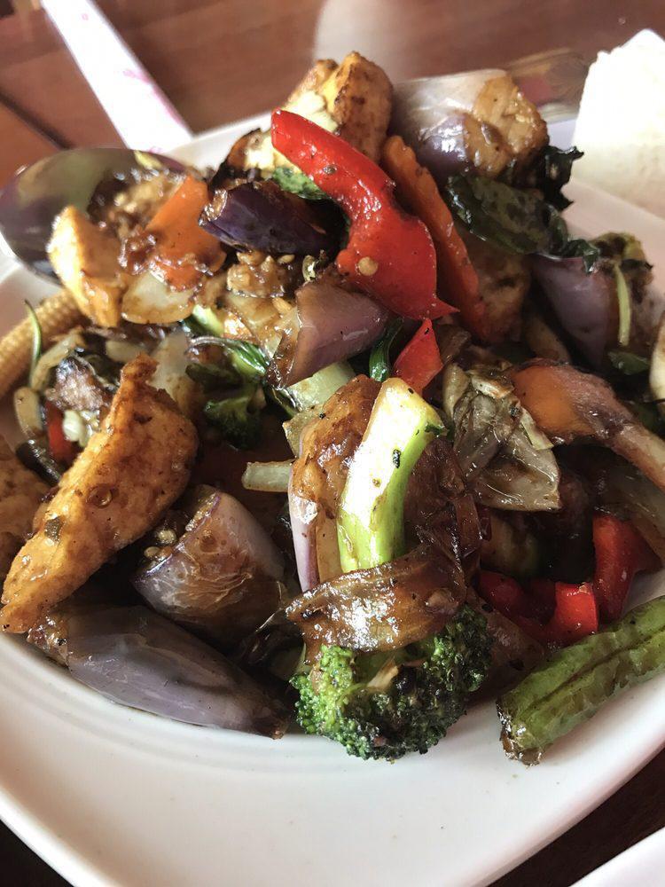 Pad Eggplant a la Carte · Sauteed protein in black bean sauce with eggplant, bell pepper and basil.