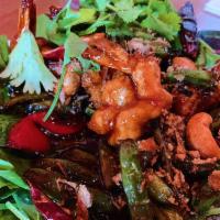 Tamarind Prawns a la Carte · Stir-fried prawns, string bean, bell pepper in tamarind sauce topped with fried onion and ca...