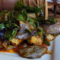Pad Ped Catfish a la Carte · Deep fried catfish in curry paste topped with kafir lime leaf, bell pepper, eggplant, kracha...