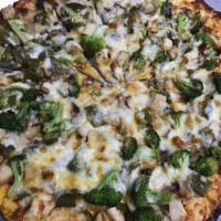 Chicken Goat Pizza · Homemade chipotle sauce topped with chicken, broccoli, fresh cilantro & goat cheese. No toma...