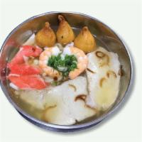 43. Banh Canh Sai Gon · Udon noodle with pork, shrimp, fish ball and imitation crab meat.
