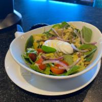 Spinach Salad · Fresh spinach/ baby tomatoes/ raw onions/ cucumber /artichokes/egg/ sunflower seeds/ house m...