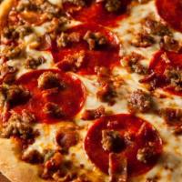 Meat Lover Pizza · Red pizza sauce, ham, salami, pepperoni, sausage and beef.
