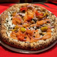 Everything Pizza · smoked salmon, cream cheese, capers, everything seasoning
