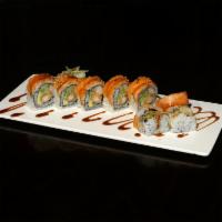 Dragon Roll · 10 pieces. Crabmeat, cucumber, avocado, shrimp tempura, and topped salmon.
