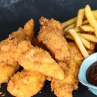 Hand-Breaded Chicken Tenders · With seasoned fries & creamy coleslaw. Served with Erma's BBQ sauce.