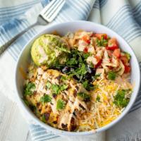 Southwest Chicken Bowl · Fajita chicken, black beans, jack & cheddar cheese, fresh guacamole, pico de gallo & rice, d...