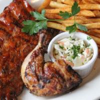 Rib and Chicken Combo · 1/4 rotisserie chicken, 1/2 rack bbq ribs, coleslaw, french fries.