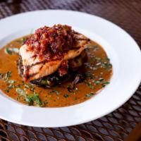 Grilled Salmon with Herb Cream · Brussels sprouts, applewood bacon, baby red potatoes, caramelized onion, herb cream, maple b...