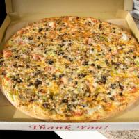 Supreme Pizza · Pizza sauce, mozzarella cheese, pepperoni, sausage, mushroom, black olives, onions and bell ...