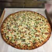 The Works Pizza · Pizza sauce, mozzarella cheese, pepperoni, sausage, ham, red onion, bell peppers, black oliv...